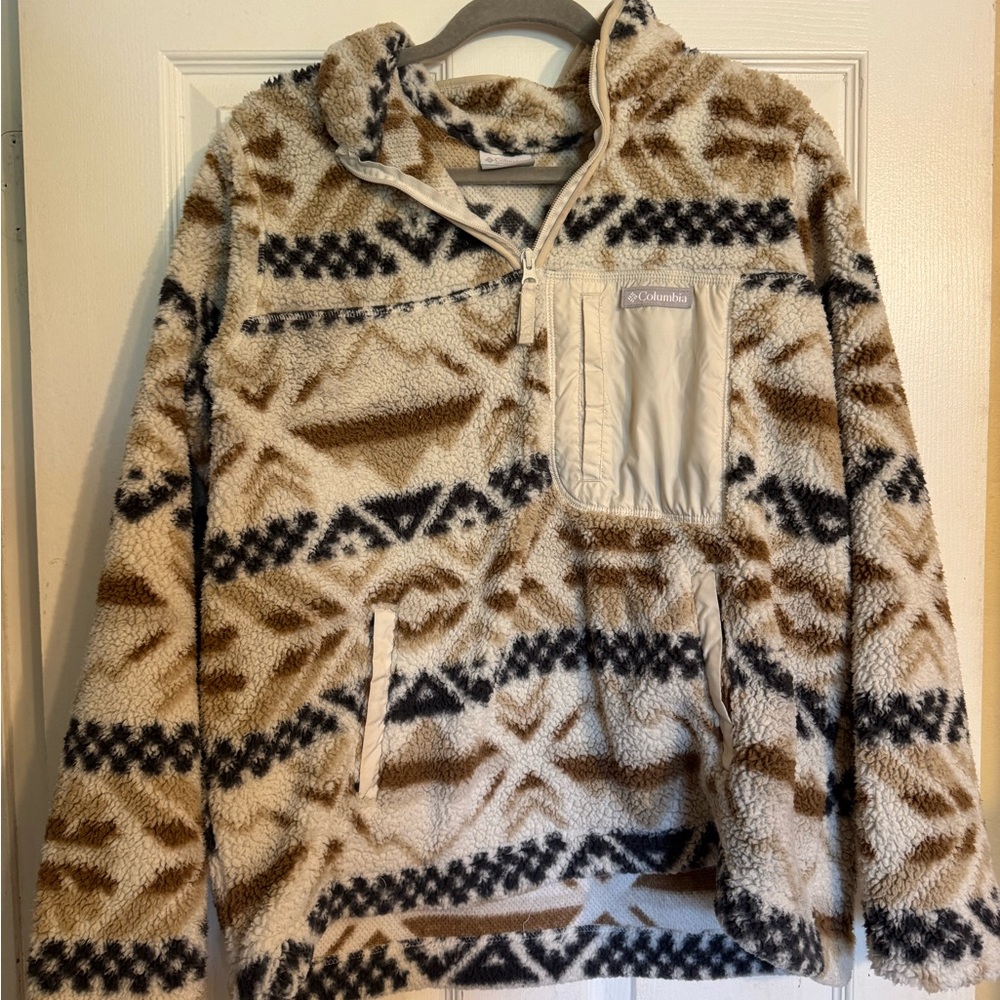 Columbia Brown and Cream Zip Up Sweater with Geometric Pattern